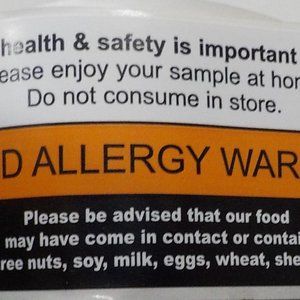 (50) FIFTY FOOD ALERGY WARNING STICKERS BLACK ORANGE & WHITE (150) AVAILABE